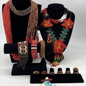 Lot of Stunning bead S. West /Peruvian style Floral Red, Orange & Green Jewelry